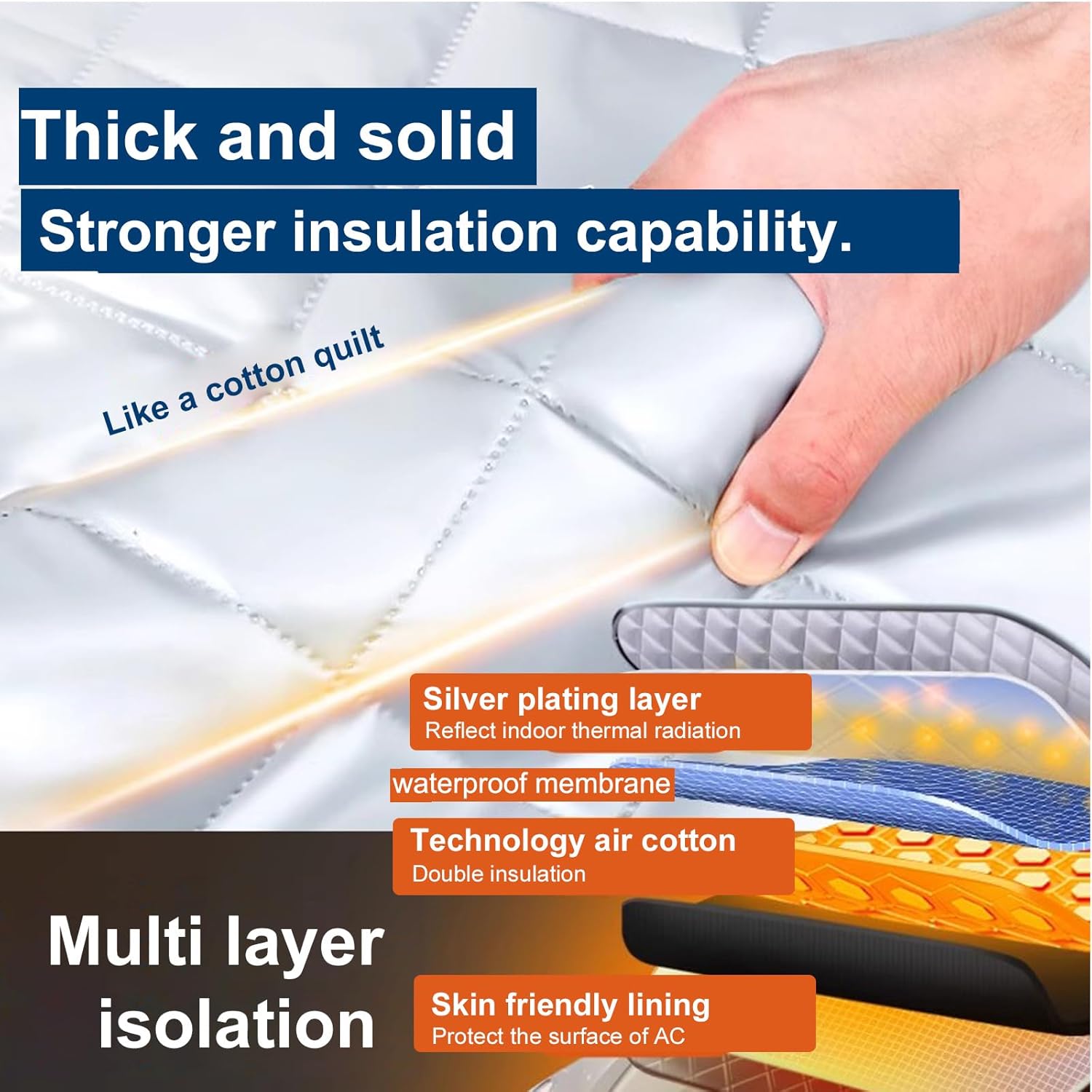 Indoor Window Air Conditioner Cover, Silver, Quilted Insulated Waterproof, Double-Layer Cotton Padding, Windproof Design (L-23.2*14.5*3in)